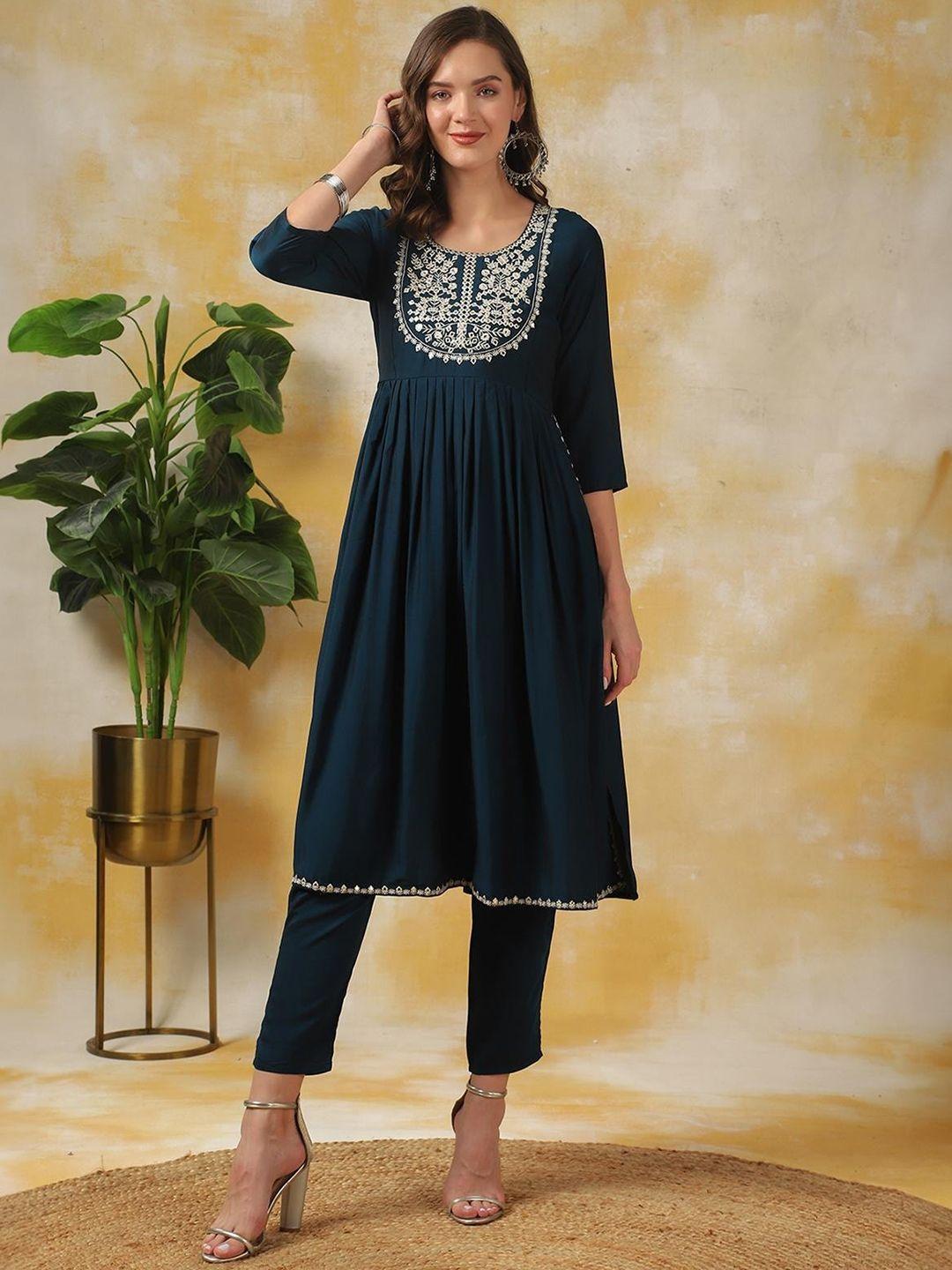 rangita floral yoke design empire thread work pure silk kurti with trousers