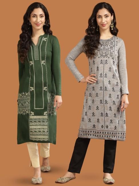 rangita green & grey floral print straight kurta - pack of 2