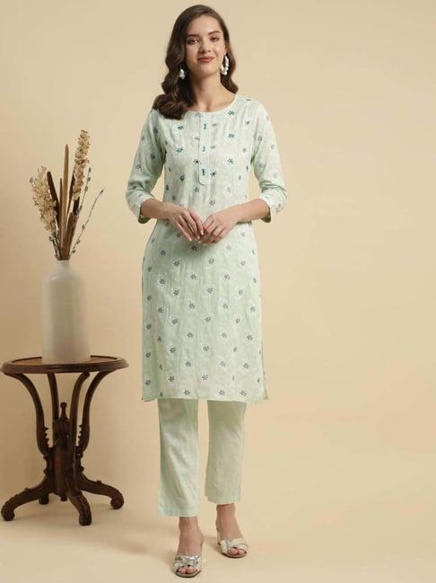 rangita green embroidered kurti pant set