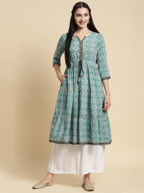 rangita green floral print a line kurta