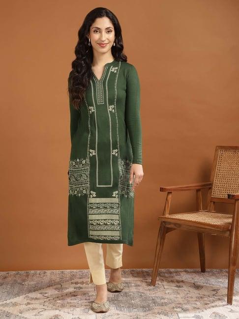 rangita green printed straight winter kurti