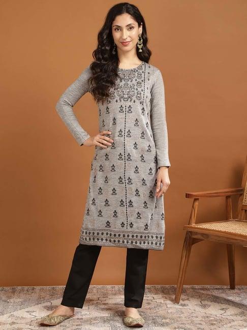 rangita grey printed straight winter kurti