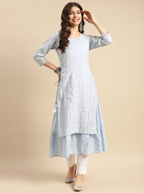 rangita light blue cotton printed a line kurta