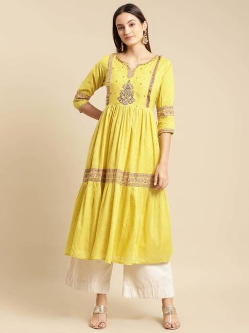 rangita lime green cotton floral print fit and flare kurta