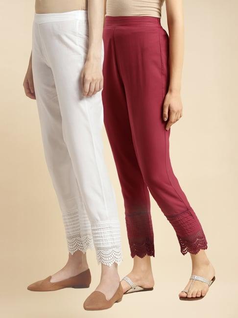 rangita maroon & off white cotton pants - pack of 2