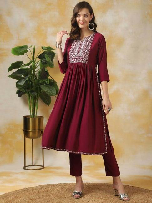 rangita maroon embroidered kurta pant set