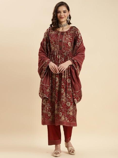rangita maroon printed kurta pant set with dupatta