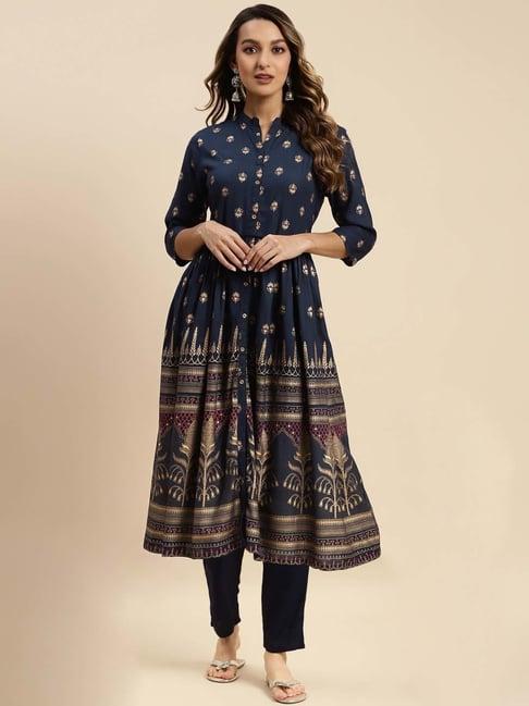 rangita navy & black printed kurta pant set