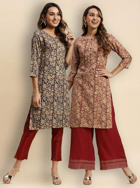 rangita navy & rust floral print straight kurta - pack of 2