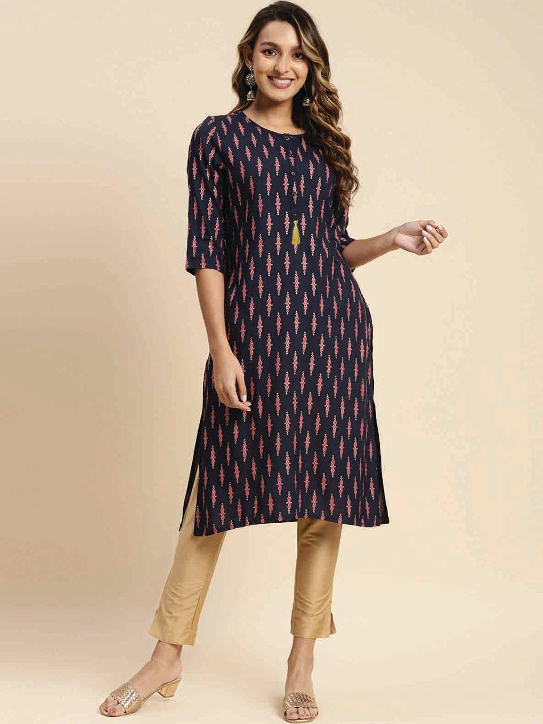 rangita navy blue ethnic motifs printed round neck viscose rayon kurta