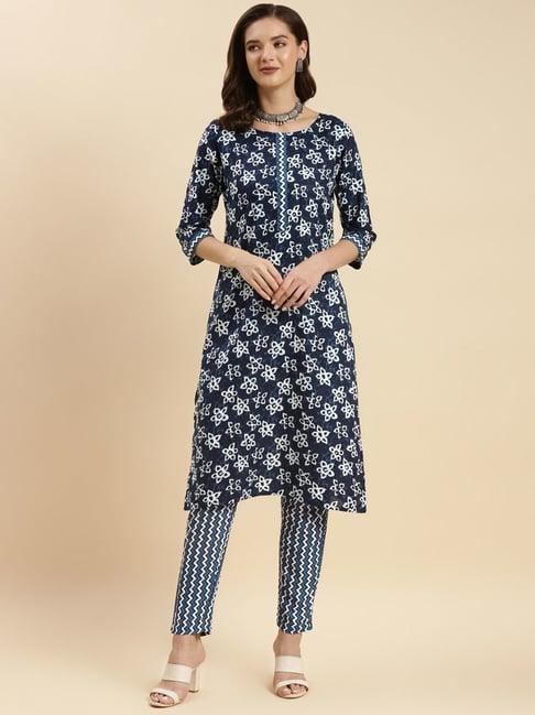 rangita navy cotton printed kurta pant set