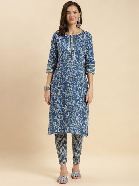 rangita navy cotton printed kurta pant set