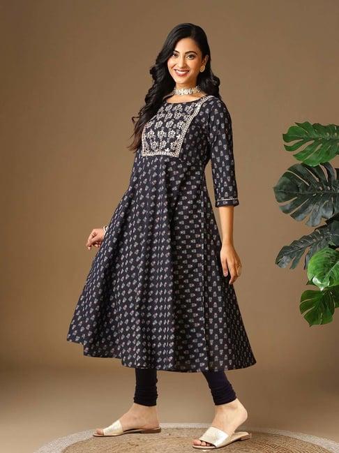 rangita navy embroidered kurta churidar set