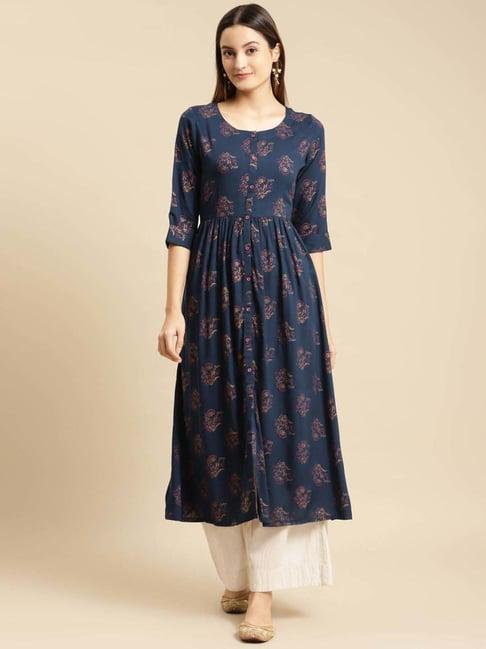 rangita navy floral print anarkali kurta