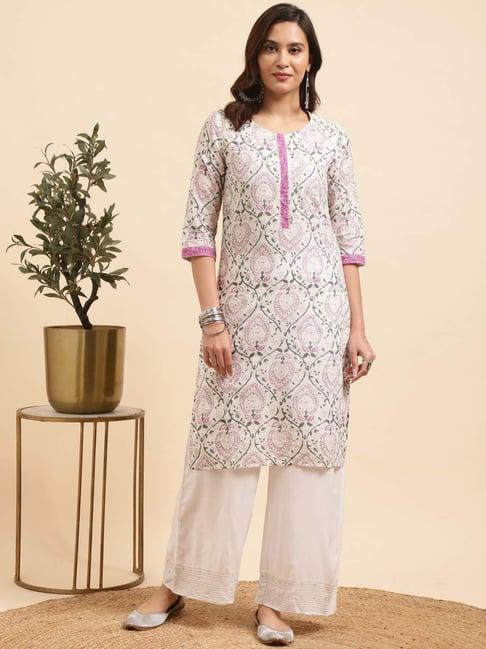 rangita off-white cotton floral print kurta palazzo set