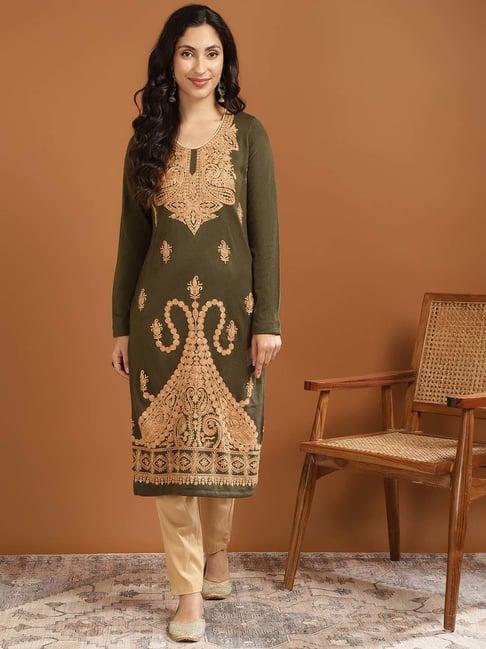 rangita olive embroidered straight winter kurti