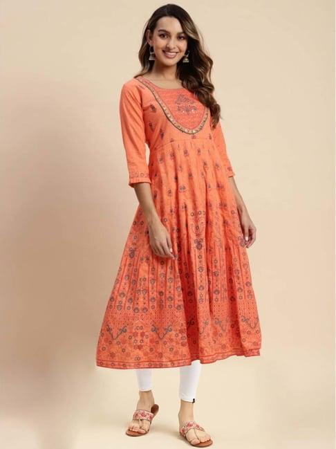 rangita orange & white cotton embroidered kurta leggings set