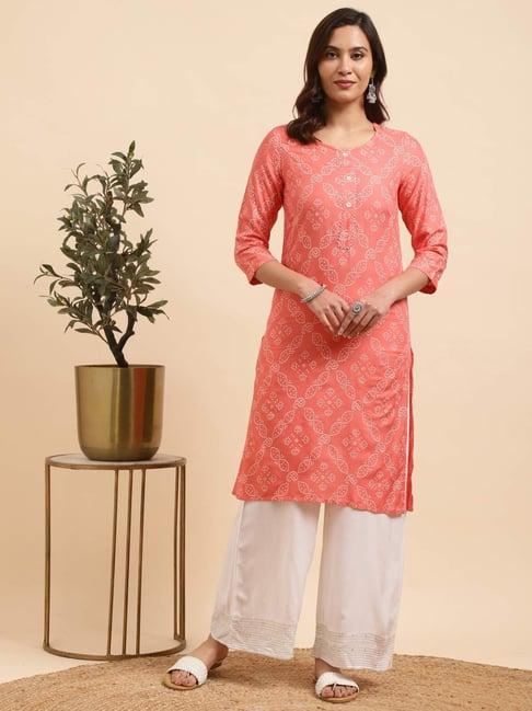 rangita peach & white printed kurta palazzo set