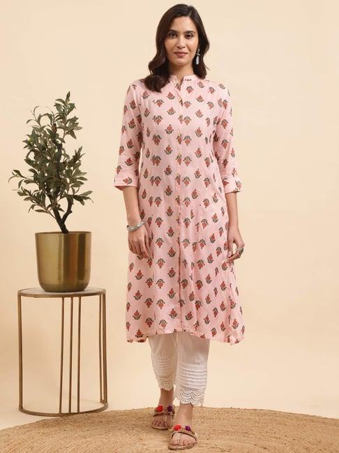 rangita peach & white printed kurta pant set