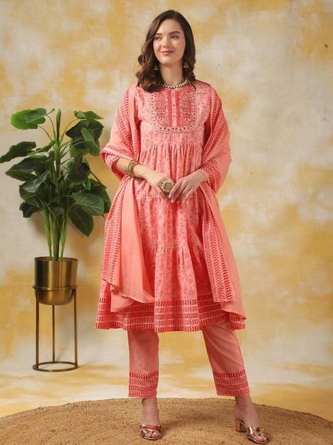 rangita peach cotton embroidered kurta pant set with dupatta