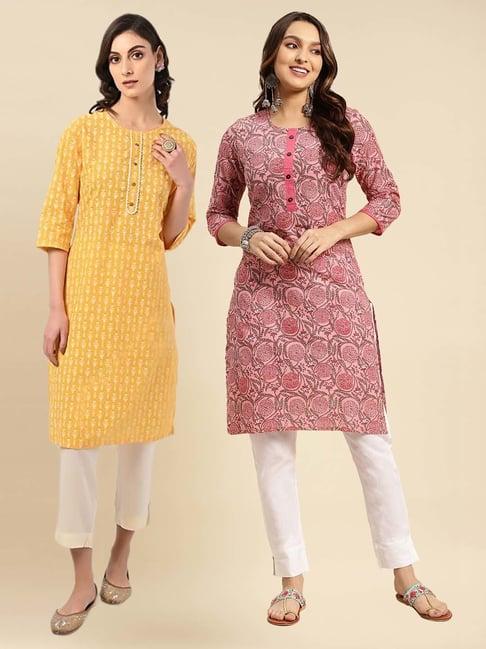 rangita pink & mustard floral print straight kurti - pack of 2