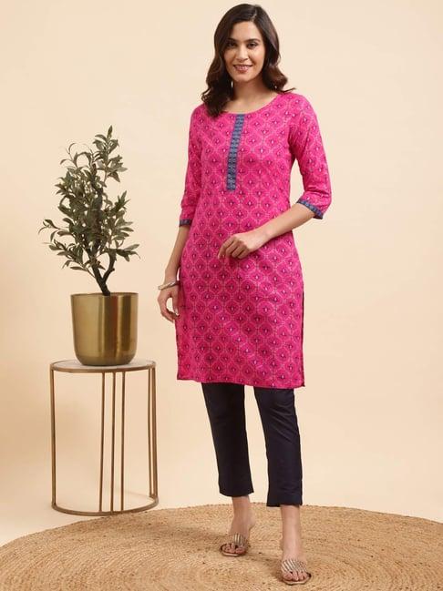 rangita pink & navy cotton printed kurta pant set