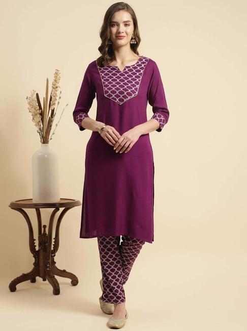 rangita purple printed kurti pant set