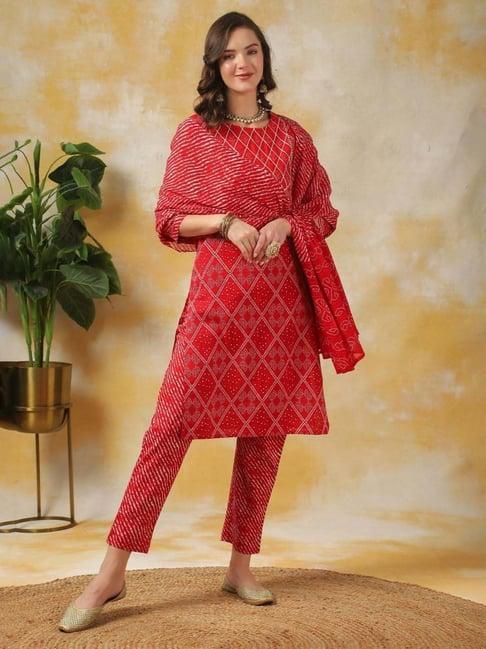 rangita red cotton printed kurti pant set with dupatta