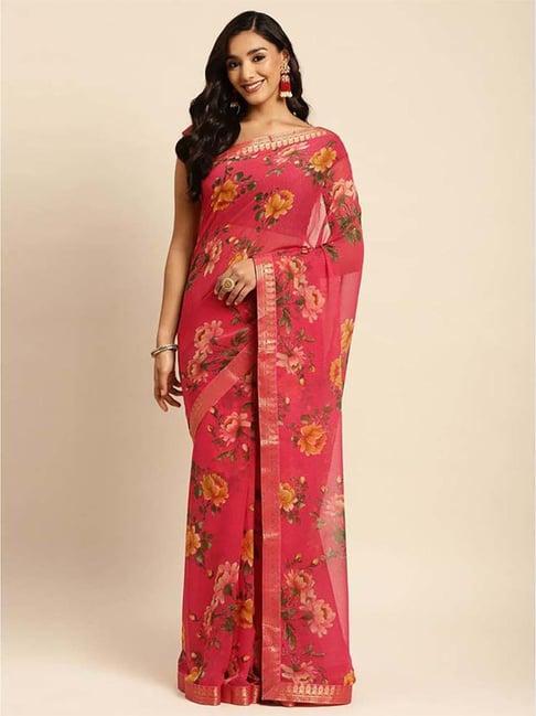 rangita red floral print saree with unstitched blouse