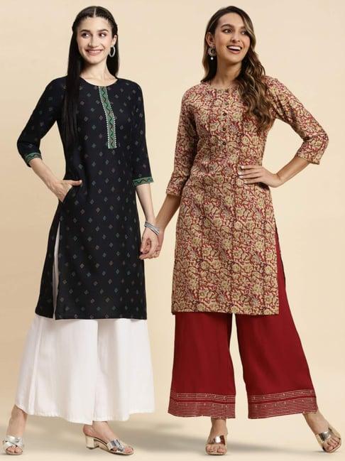 rangita rust & navy floral print straight kurta - pack of 2