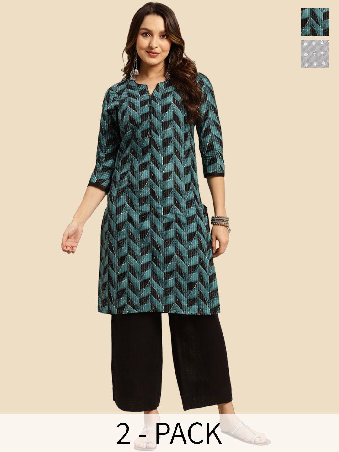 rangita seletion of 2 floral printed notch neckline straight pure cotton kurta