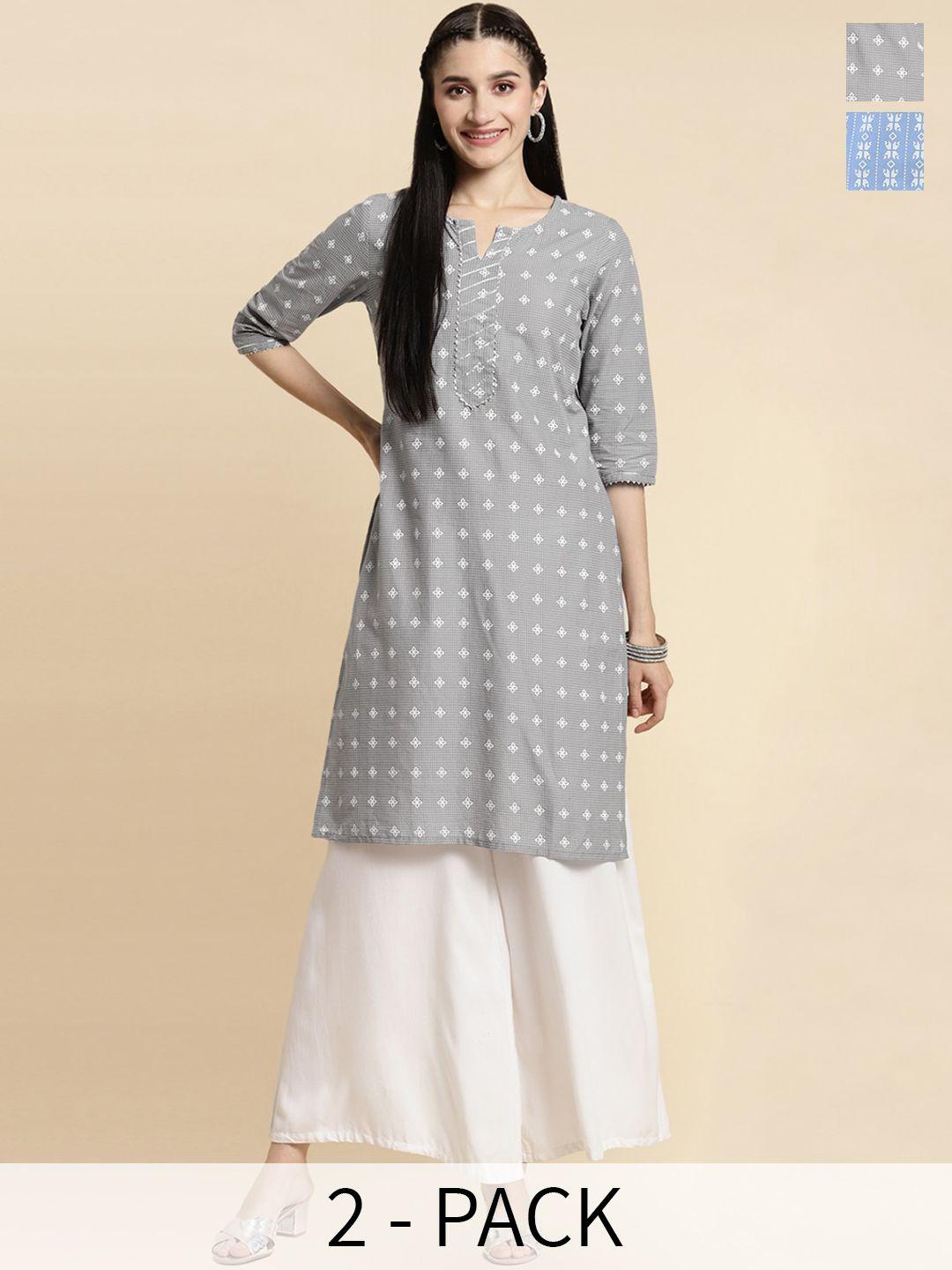 rangita seletion of 2 floral printed notch neckline straight pure cotton kurta