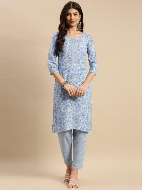 rangita sky blue floral print kurta pant set