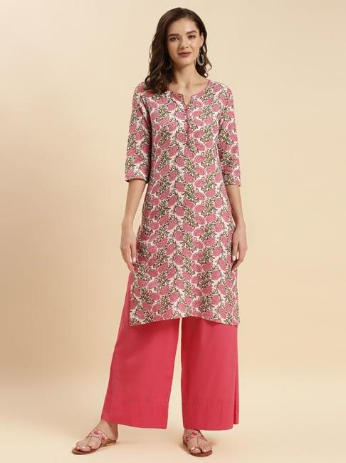 rangita white & pink cotton floral print straight kurta