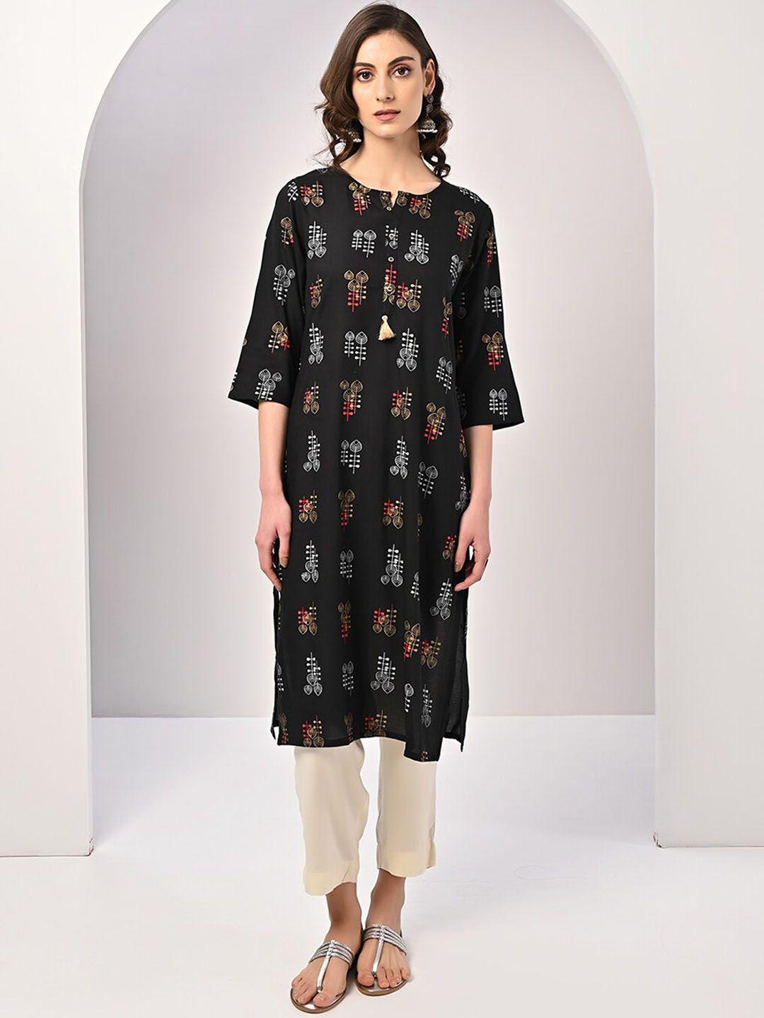 rangita women black floral printed flared sleeves thread work kurta