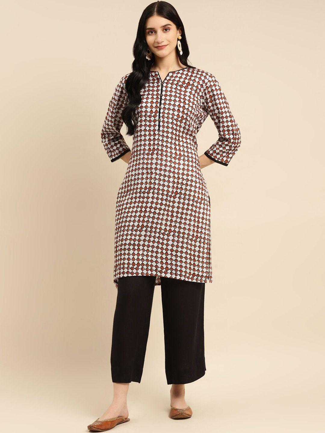 rangita women brown checked thread work kurta