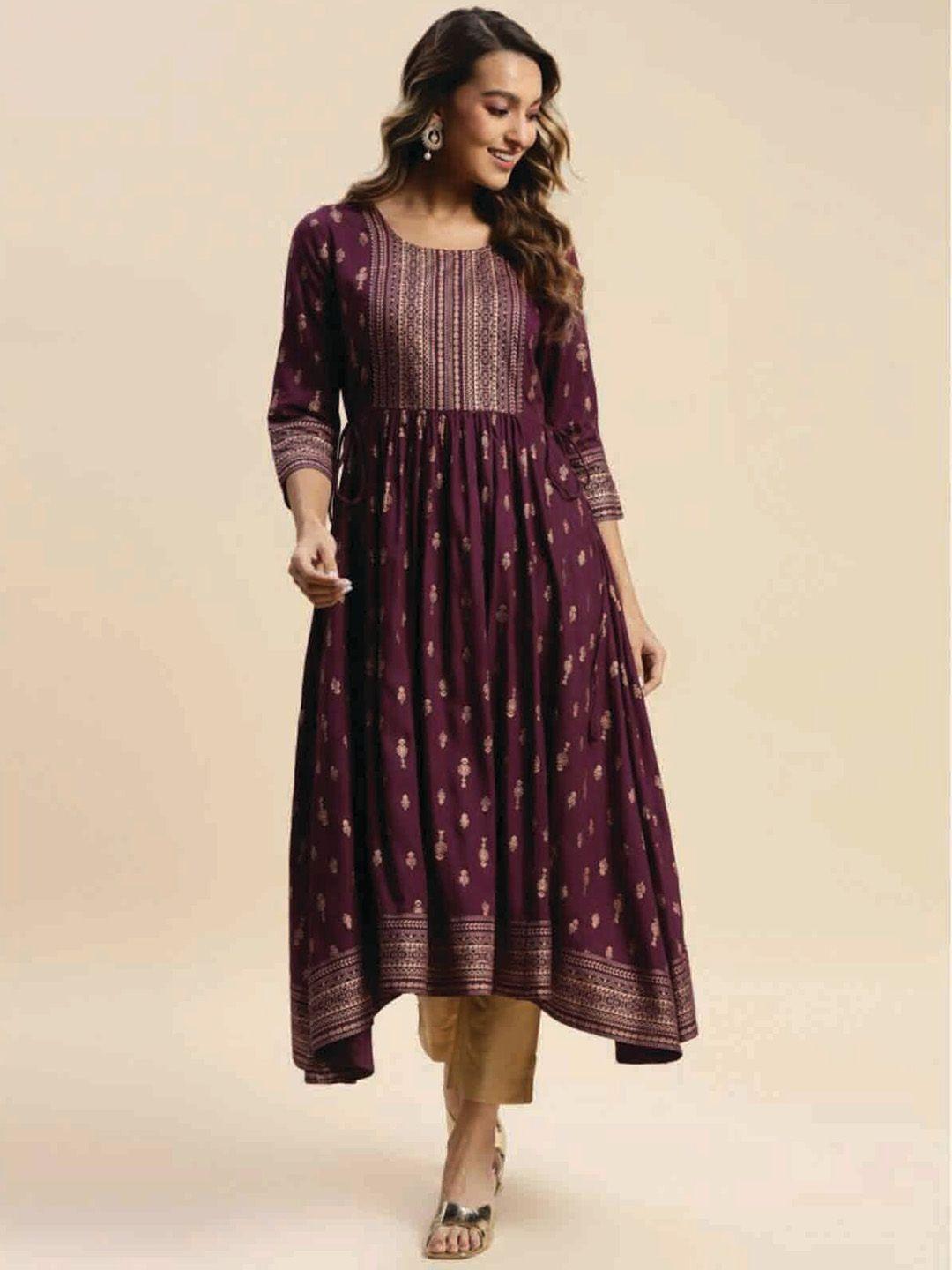 rangita women burgundy flared sleeves gotta patti anarkali kurta