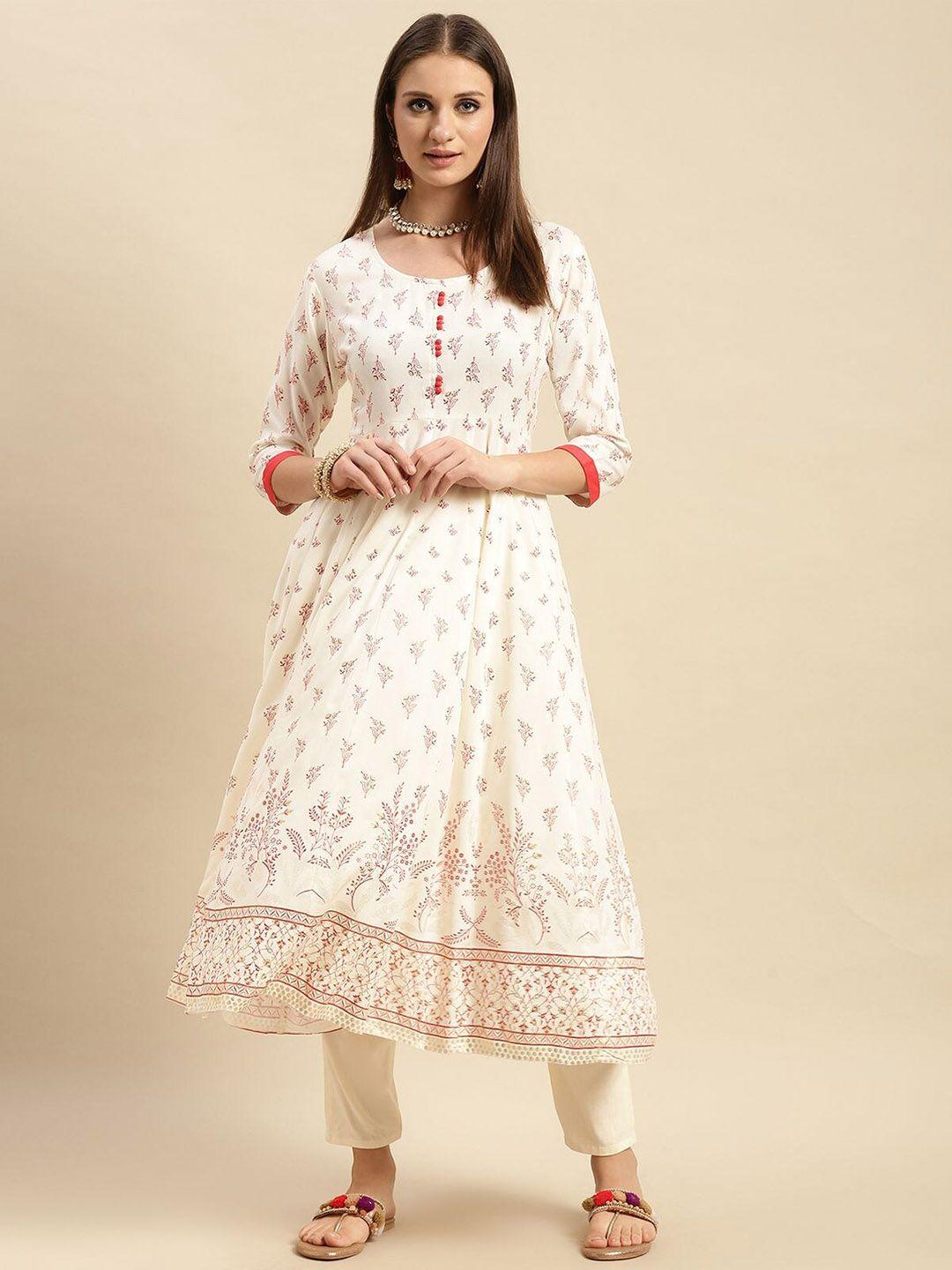 rangita women cream-coloured ethnic motifs printed thread work kurta