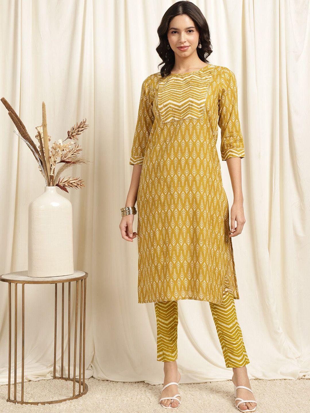 rangita women ethnic motifs printed regular sequinned pure cotton kurta with trousers