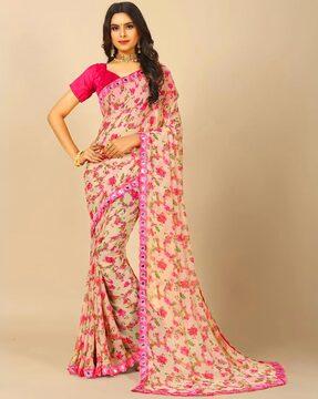 rangita women floral printed georgette saree with blouse piece - pink saree