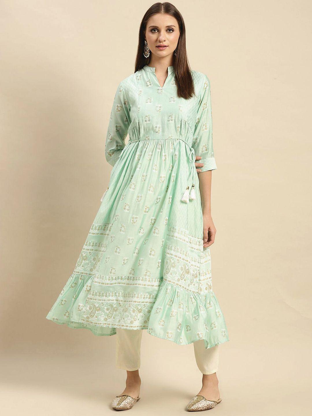 rangita women green embroidered flared sleeves gotta patti anarkali kurta