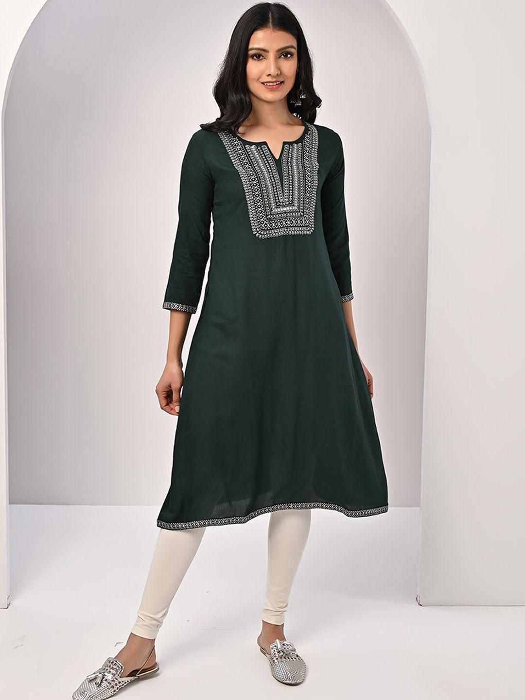 rangita women green keyhole neck thread work kurta