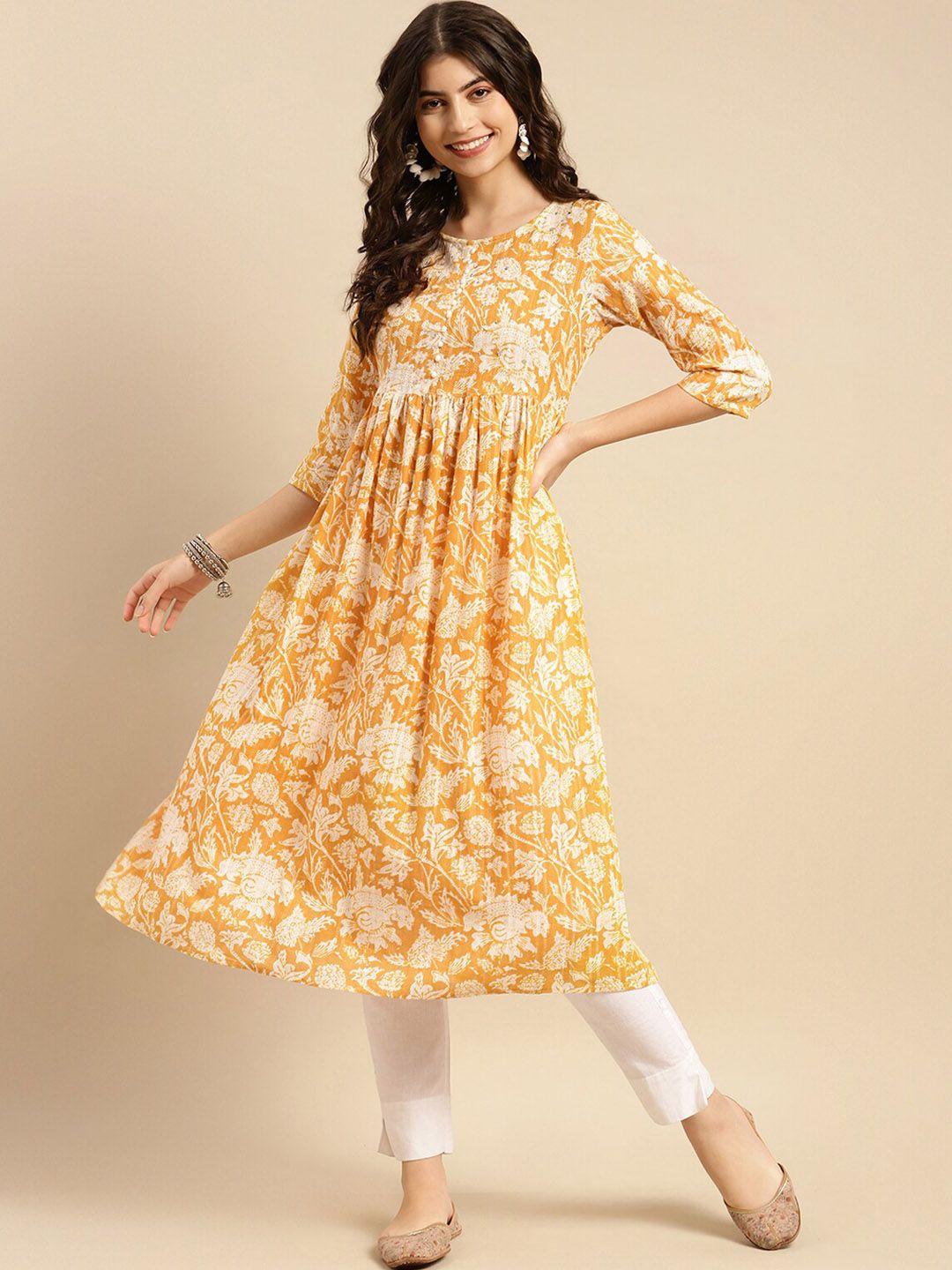 rangita women mustard yellow floral printed flared sleeves mirror work anarkali kurta