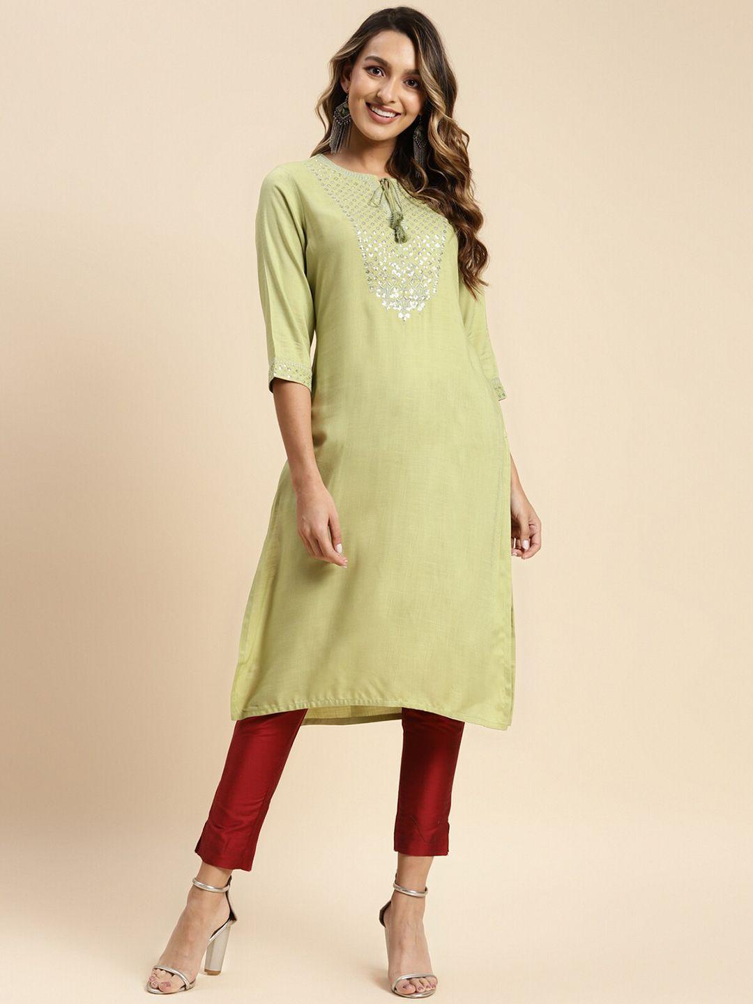 rangita women olive green keyhole neck thread work kurta