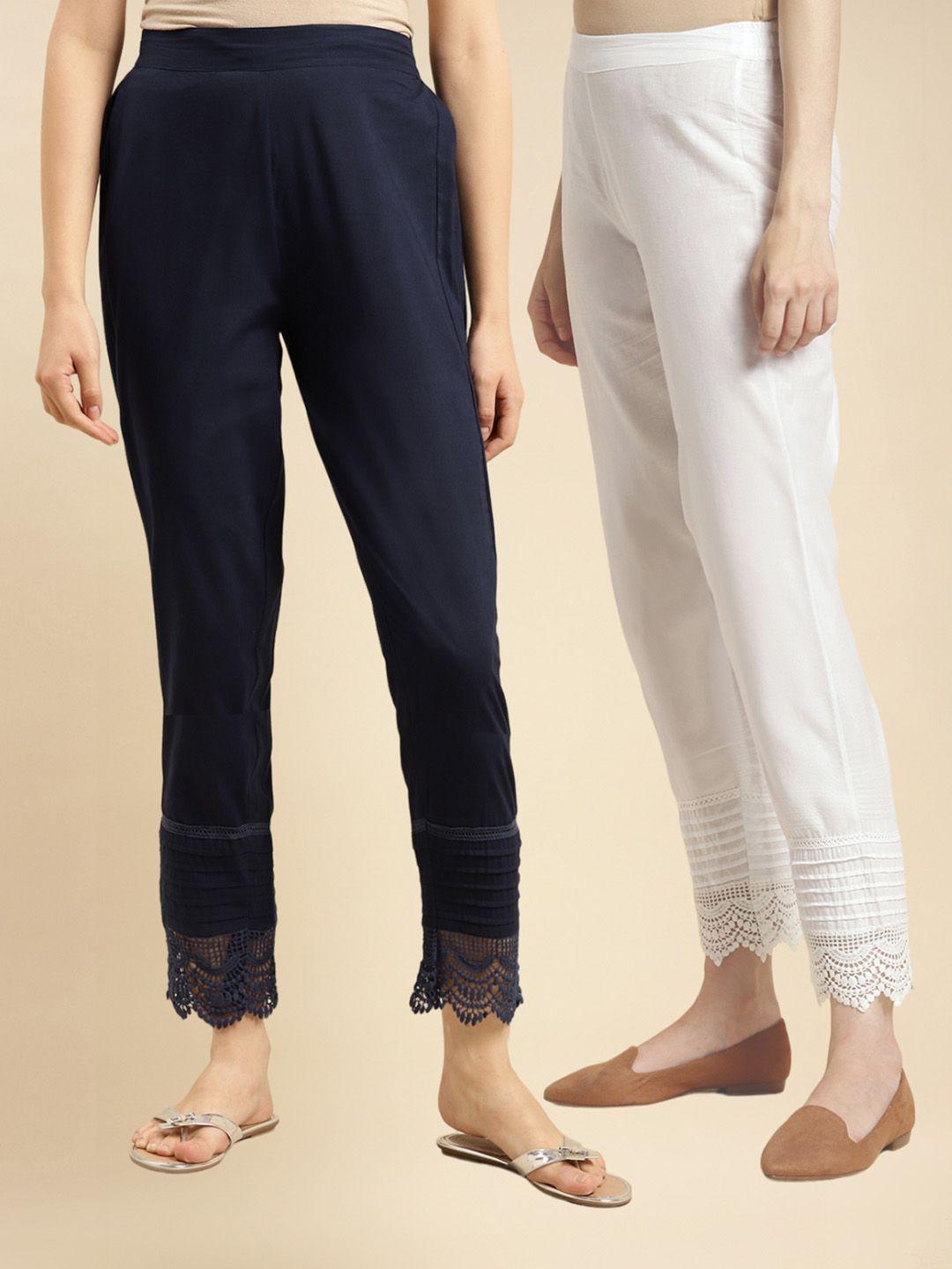 rangita women pack of 2 cotton mid-rise pencil slim fit trousers
