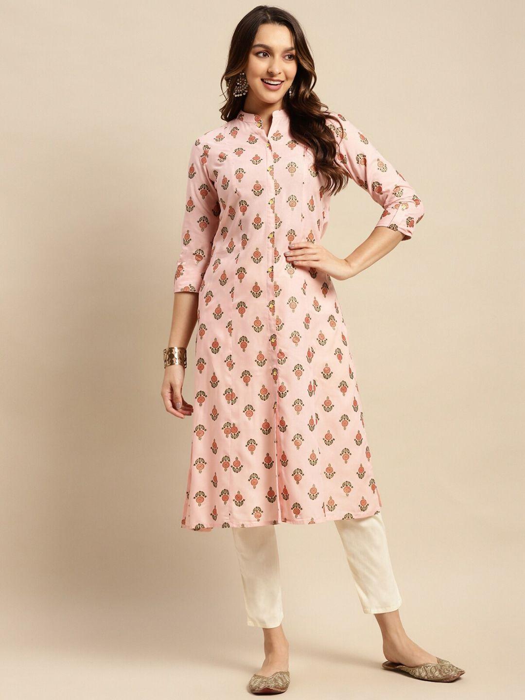 rangita women peach-coloured ethnic motifs printed keyhole neck sequinned kurta