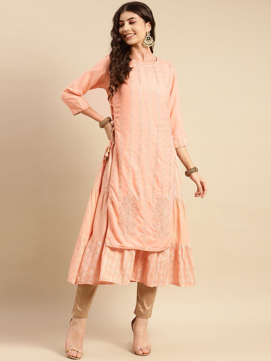 rangita women peach-coloured keyhole neck flared sleeves sequinned kurta