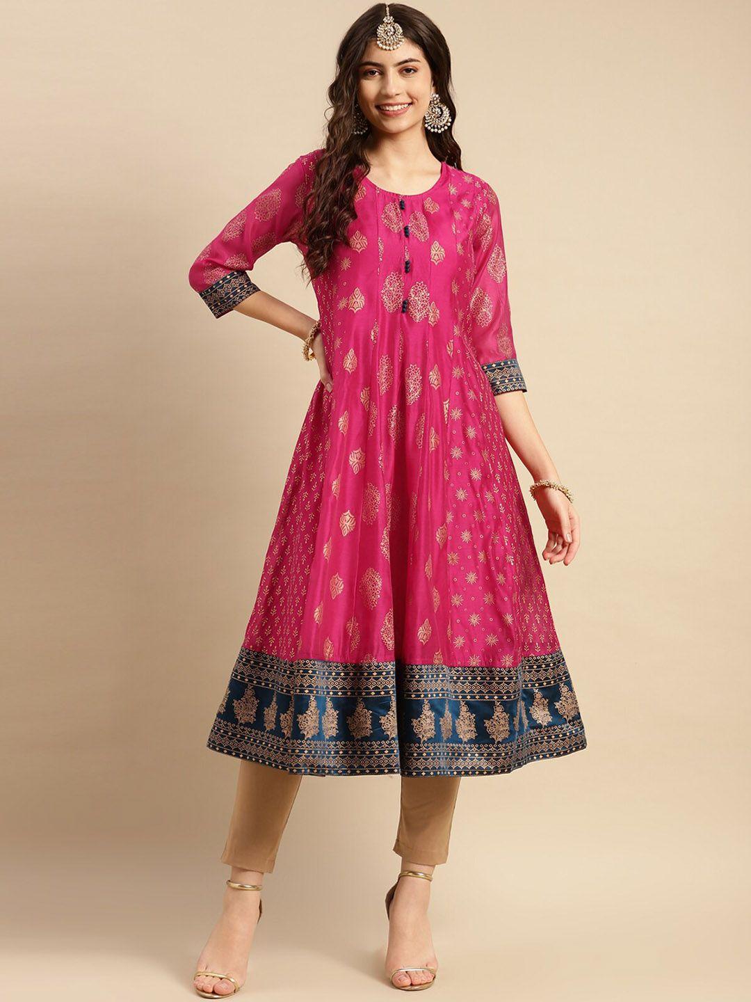 rangita women pink ethnic motifs printed sequinned chanderi silk anarkali kurta