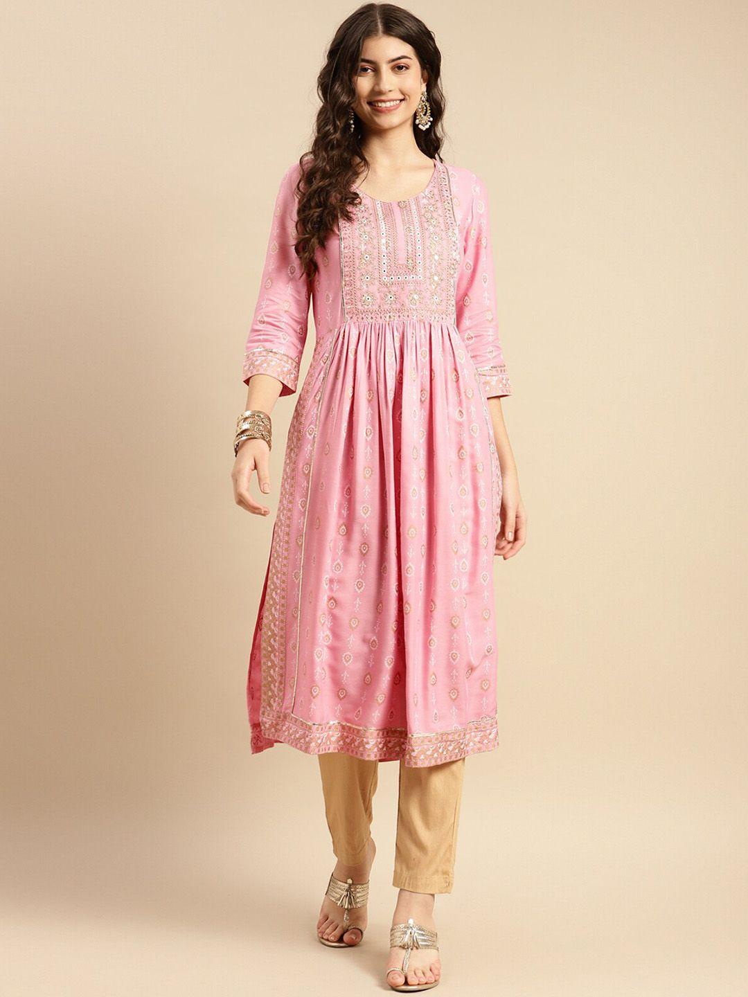 rangita women pink ethnic motifs striped sequinned anarkali kurta