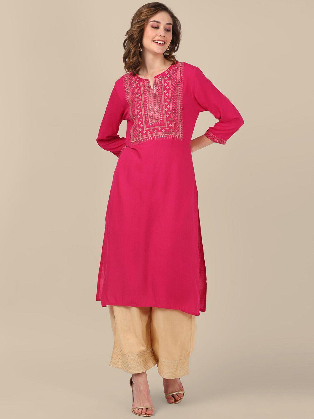 rangita women pink geometric embroidered flared sleeves mirror work kurta